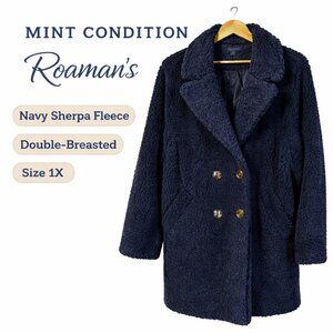 Roaman’s Cozy Navy Sherpa Fleece Double-Breasted Coat | Size 1X MINT CONDITION